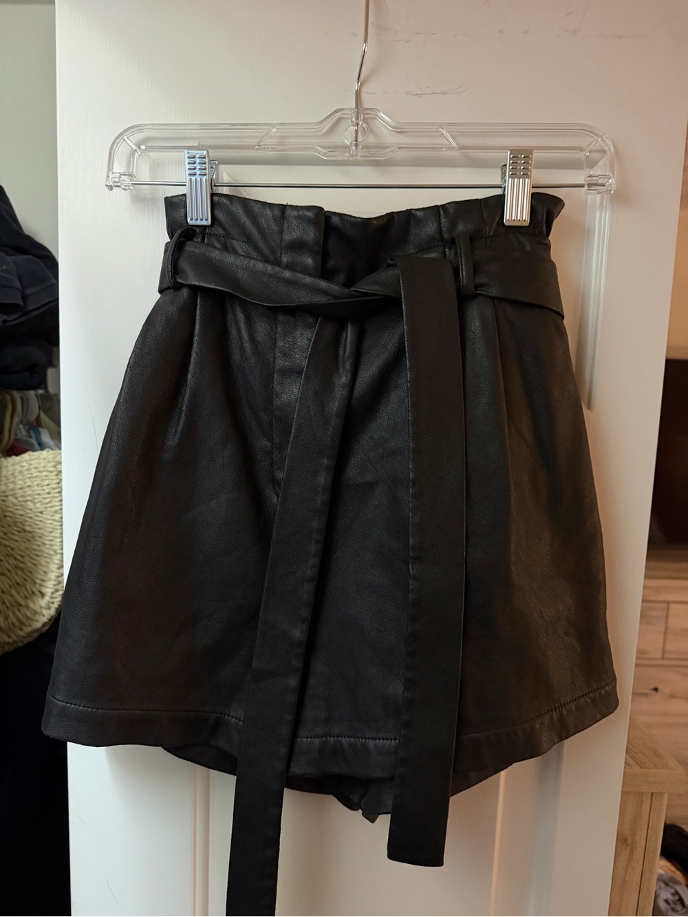 High-Waist Black Faux Leather Paperbag Skirt with Belt